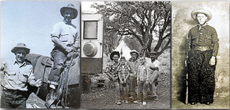 Matias Jakuer, procedente de Garaioa, en una imagen tomada en California. Al lado, junto a un árbol de la ciudad de Elko en Nevada, Inocencio Vergara, originario de Mezkiritz. A la derecha, Eulogio Erro, también de Mezkiritz, posa con un arma.