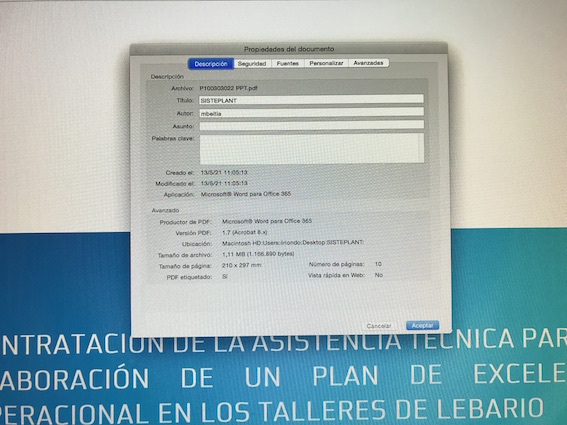 Imagen de los metadatos del Pliego de Prescripciones Técnicas con el título de la firma ganadora. (NAIZ)