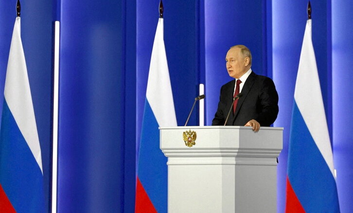 Vladimir Putin, durante el discurso a las cámaras del Parlamento ruso.