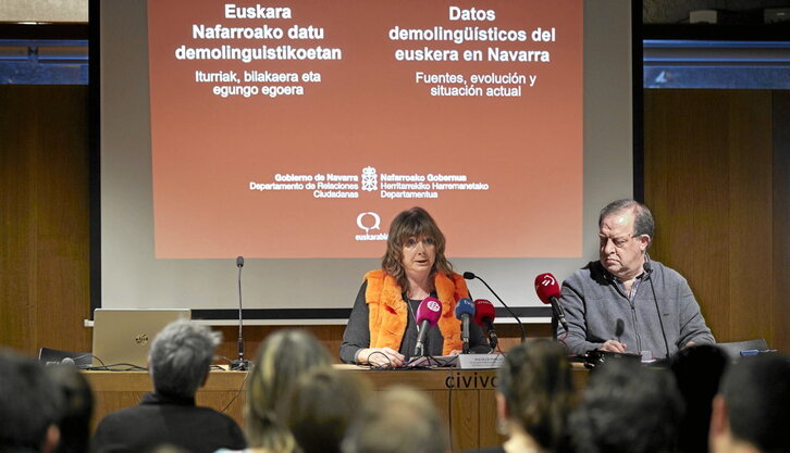 Ana Ollo, Herritarrekiko Harremanetarako kontseilaria, eta Mikel Arregi, Euskarabideko zuzendaria, aurkezpen ekitaldian.