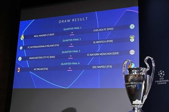 Emparejamientos de los cuartos de final de la Champions League tras el sorteo realizado en Nyon (Suiza). 
