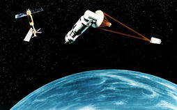 Laser espazialaren satelite bidezko defentsa-sistemaren irudikapen grafikoa.