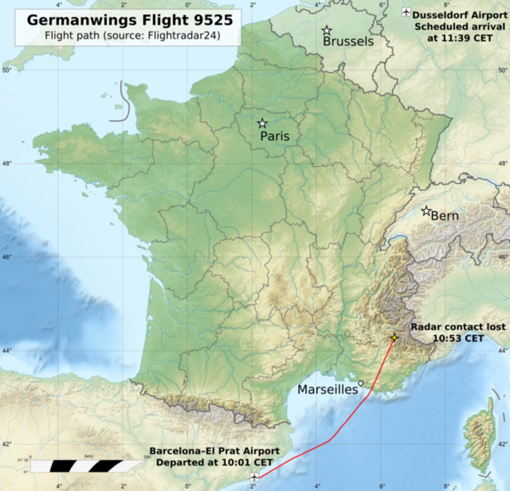 Germanwingsen hegazkinak egin zuen ibilbidea, harik eta radarrek seinalea galdu zuten arte. 