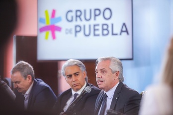 El presidente argentino, Alberto Fernández, durante su intervención en la reunión del Grupo de Puebla en Buenos Aires. 