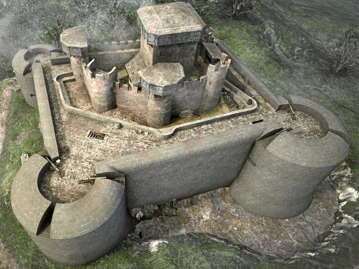 Recreación del castillo de Amaiur en 1522, tras las obras para reforzar su estructura acometidas por los españoles.