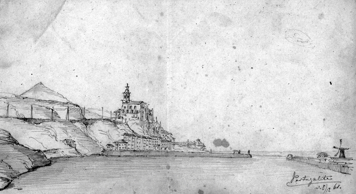 Portugaleteko paisaiaren marrazkia, irudian.