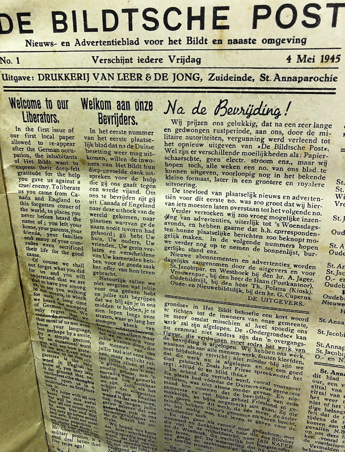 Bigarren Mundu Gerraosteko Bildtse Post astekariaren lehen azala (De JONG BILDUMA)