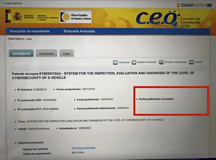 Pese a lo dicho por Josu Erkoreka, la patente figura como «en tramitación» y sin fecha de concesión.