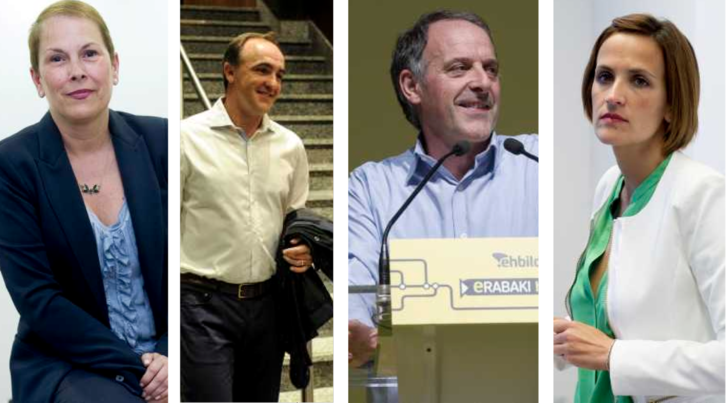 La anterior lehendakari Uxue Barkos, Javier Esparza (UPN), Adolfo Araiz (EH Bildu) y la actual lehendakari, María Chivite, antes de iniciar su actual etapa parlamentaria hace ocho años. 