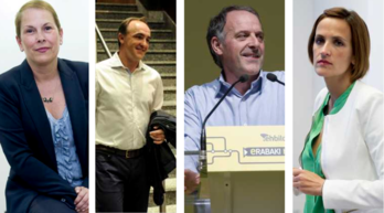 La anterior lehendakari Uxue Barkos, Javier Esparza (UPN), Adolfo Araiz (EH Bildu) y la actual lehendakari, María Chivite, antes de iniciar su actual etapa parlamentaria hace ocho años. 