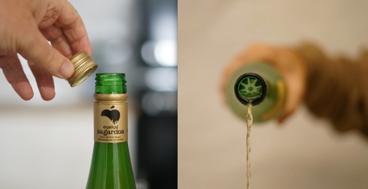 Lehenbiziko aldiz, erroskadun tapoia erabiliko da ohiko sagardo botiletan, baita zerbitzagailu berria ere. Azken hau botilaren lepoan ezkutatuta doa.