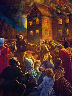 Montrealeko 1765eko sutearen marrazkia. Irudian, Marguerite d’Youvilleren Hopital-General.