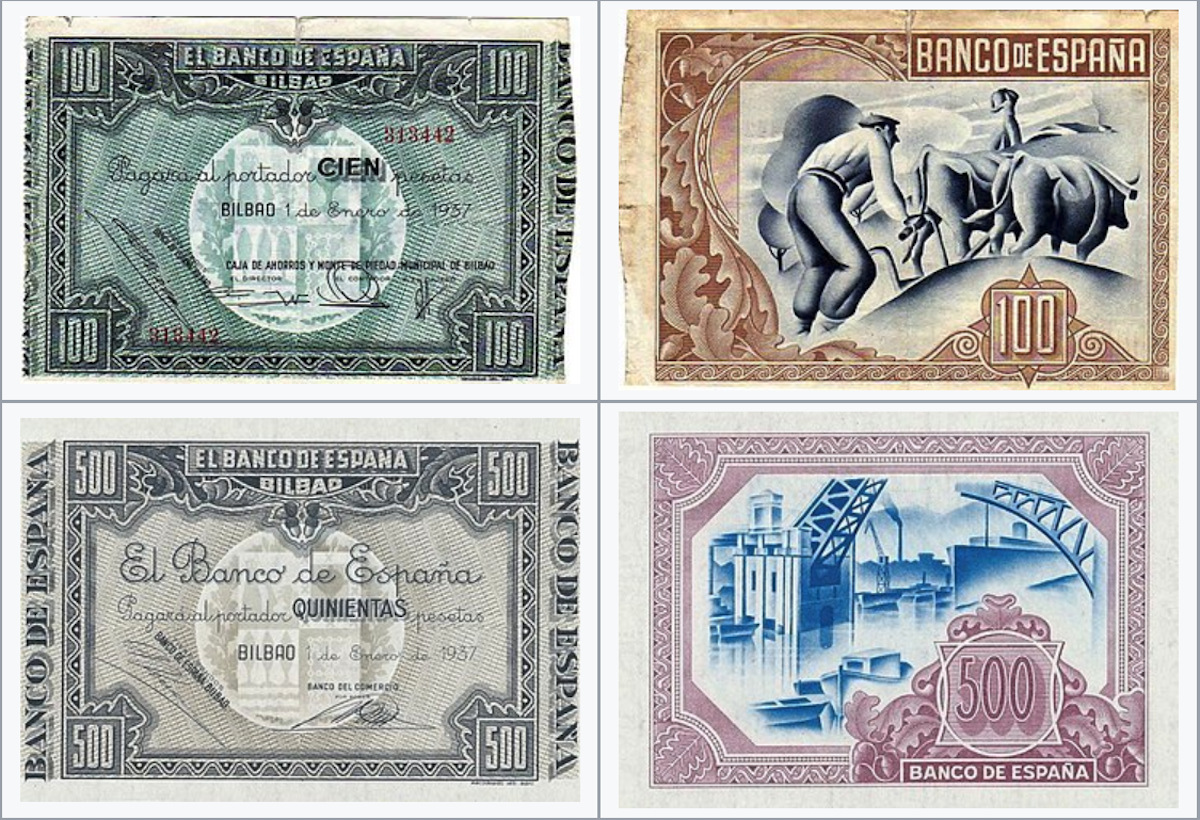 Billetes de 100 y 500 pesetas emitidos por el Gobierno de Euzkadi durante la Guerra del 36. (A.R.)