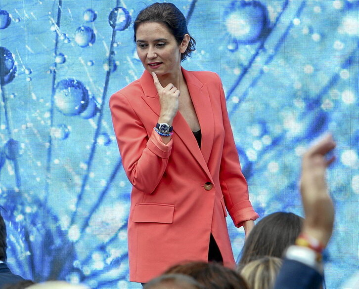 La
presidenta de la Comunidad de Madrid y candidata del PP a la reelección, Isabel Díaz
Ayuso, en un acto en Getafe.