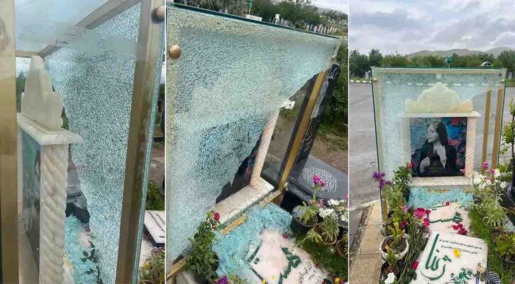 Imagen del vidrio roto sobre la tumba de Mahsa Amini.