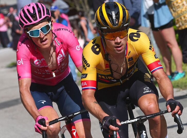 Roglic, renacido tras su mal día en el Bondone, arrastra a Geraint Thomas a costa de Almeida.