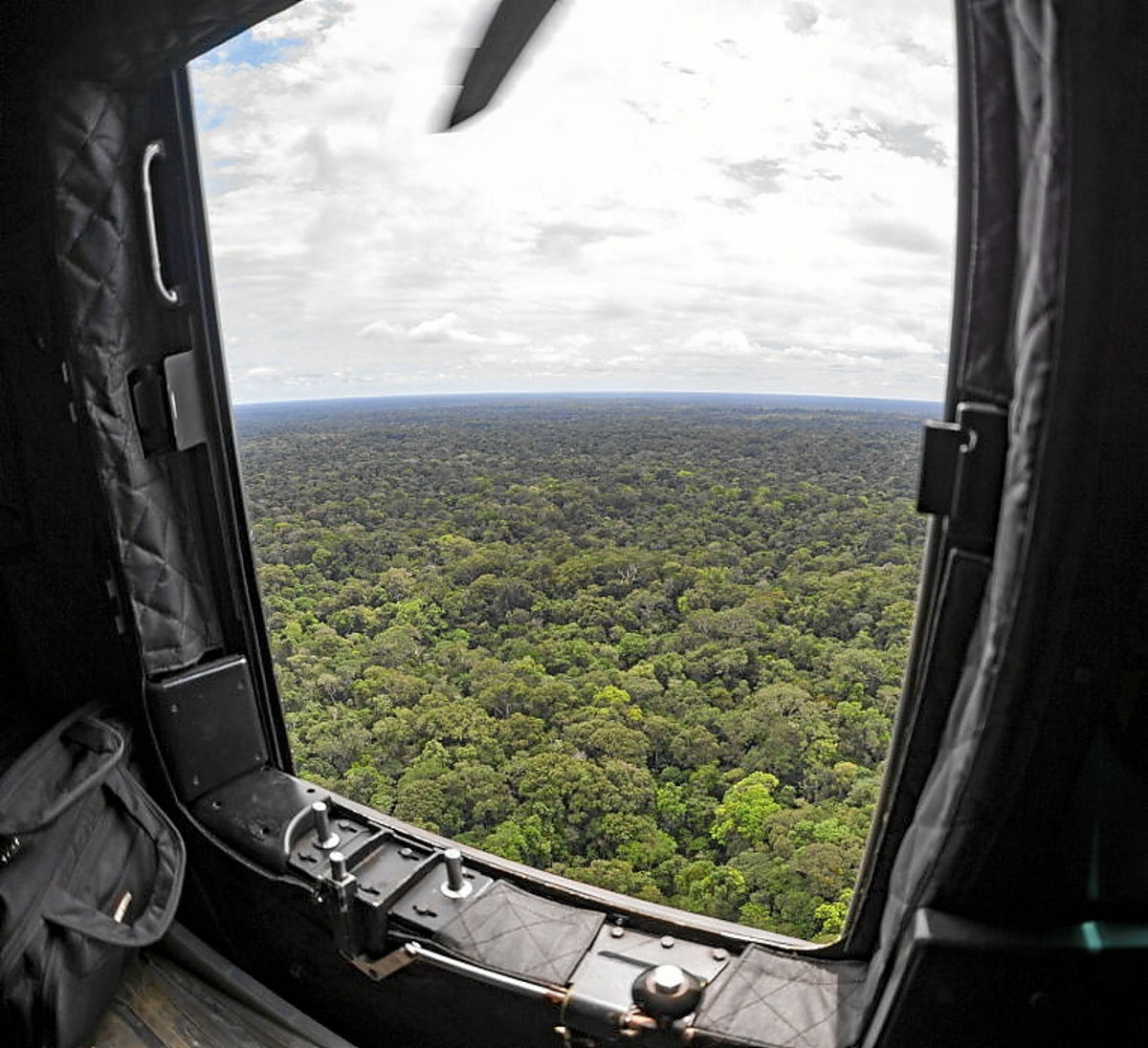 Helikopterotik jasotako irudiak, non argi ikusten den zein itxia den Amazoniako oihana (ARMADA KOLONBIARRA / AFP)