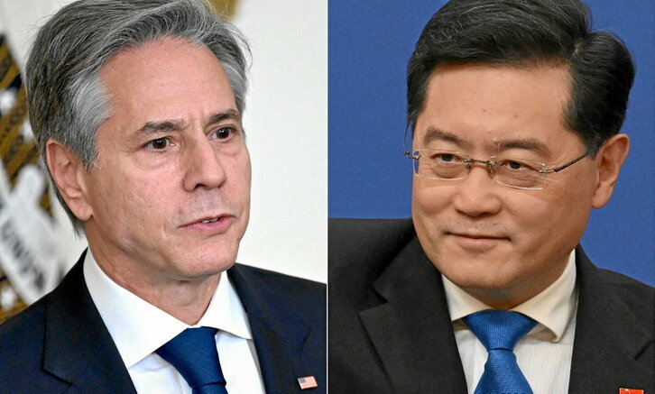 Antony Blinken eta Qin Gang, AEBko eta Txinako Atzerri Arazoetarako arduradunak.