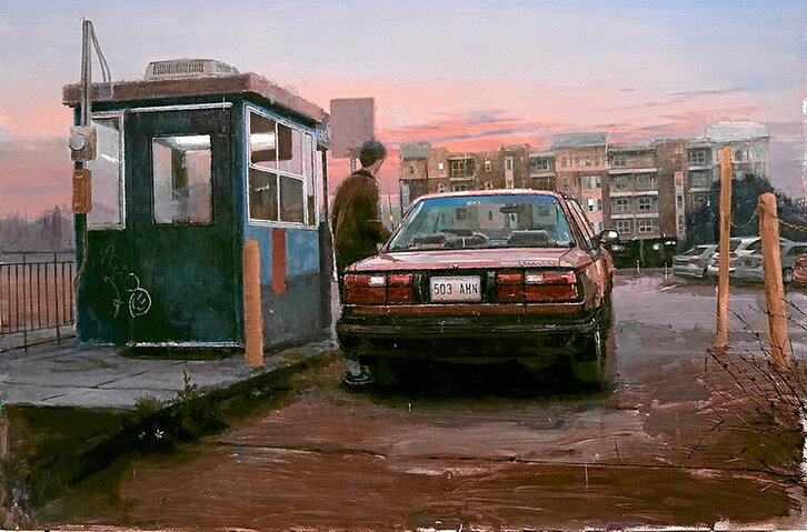 «Surveillance Booth», óleo sobre madera de Iñigo Sesma, que se puede ver hasta el día 21 en la muestra colectiva “20012” de la Galería Juan Manuel Lumbreras de Bilbo.