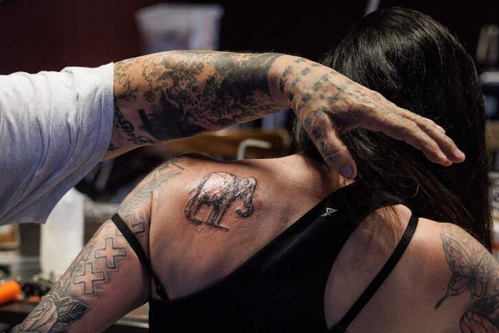 Un momento del proceso del tatuaje del elefante.