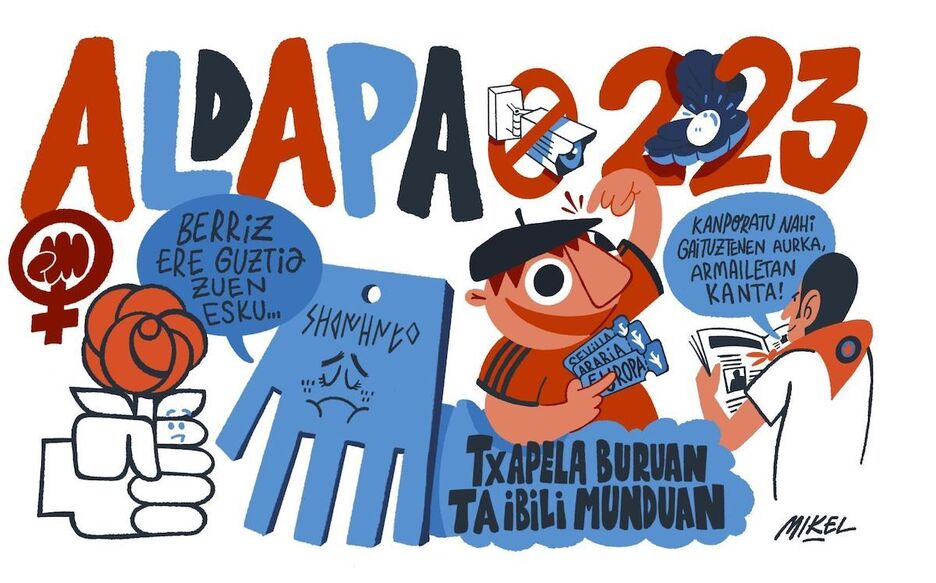 La Mano de Irulegi y la Copa de Osasuna, elementos centrales en la tela de Aldapa. La Mano de Irulegi y la Copa de Osasuna, elementos centrales en la tela de Aldapa.
