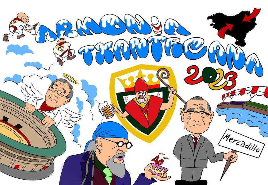 El Drogas, Maya y un animado San Fermín, en la tela de Armonía Txantreana. El Drogas, Maya y un animado San Fermín, en la tela de Armonía Txantreana.