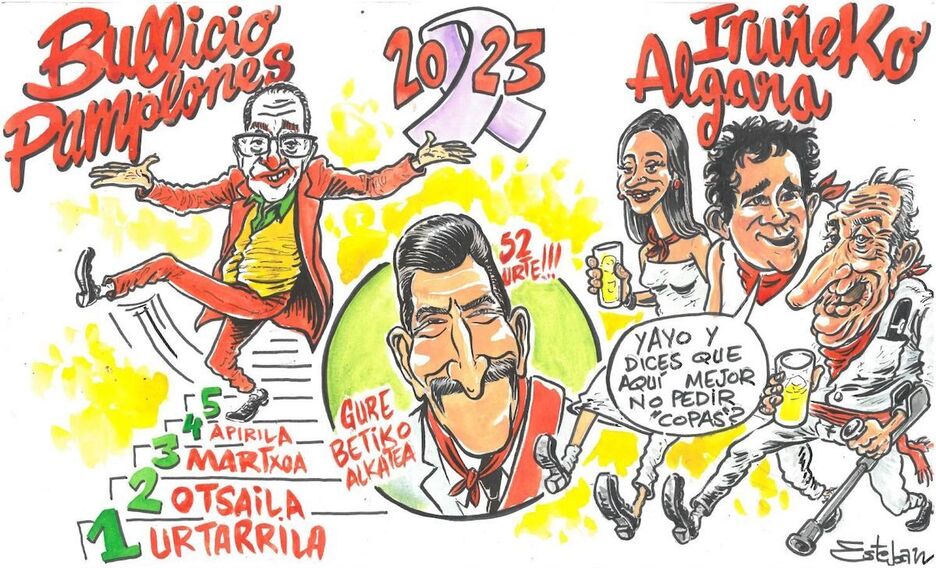 El ‘Joker’ Maya y Juan Carlos de Borbón con algunos de sus nietos de copas, en la pancarta del Bullicio Pamplonés. El ‘Joker’ Maya y Juan Carlos de Borbón con algunos de sus nietos de copas, en la pancarta del Bullicio Pamplonés.