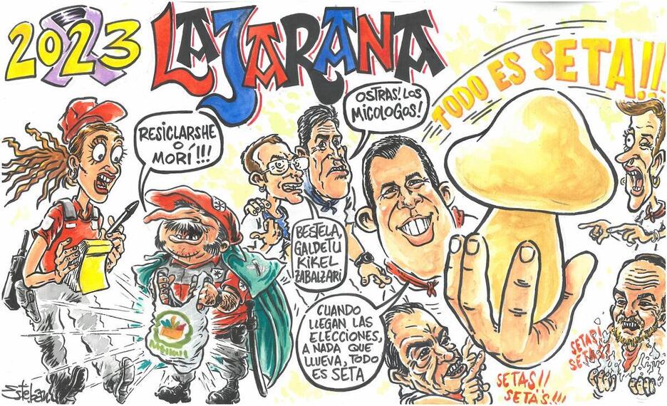 El ‘Todo es seta’ copa la pancarta de La Jarana. El ‘Todo es seta’ copa la pancarta de La Jarana.