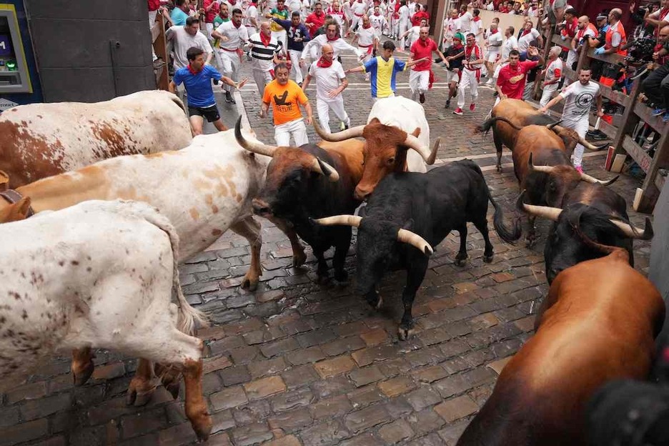 Los toros llegan a la curva de Estafeta a buena velocidad. Los toros llegan a la curva de Estafeta a buena velocidad.