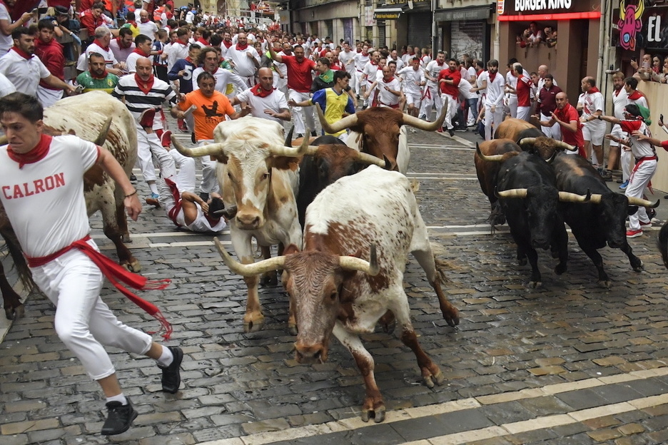 Cabestros a un lado y toros a otro al llegar a Estafeta. Cabestros a un lado y toros a otro al llegar a Estafeta.