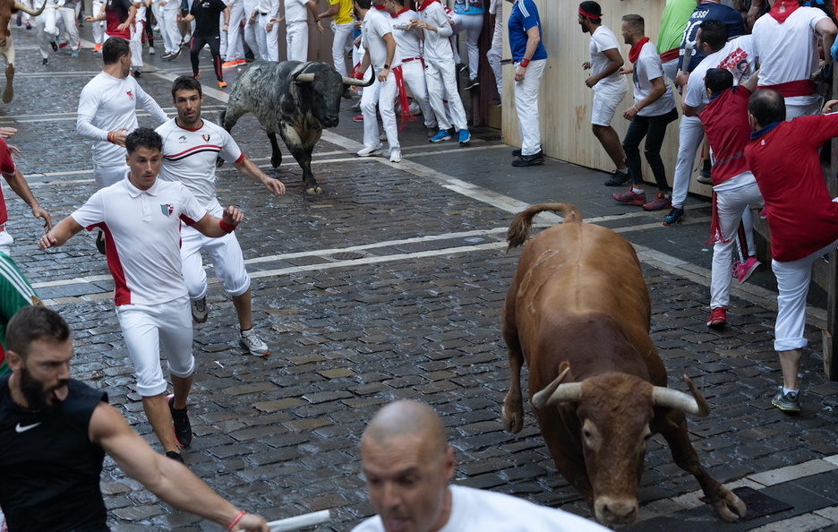 El toro que se dispararía en Estafeta llega a la curva desde Mercaderes. El toro que se dispararía en Estafeta llega a la curva desde Mercaderes.