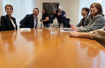 María Chivite y Uxue Barkos, en una de las pocas reuniones entre PSN y Geroa Bai en las que han participado en esta ronda de negociaciones.
