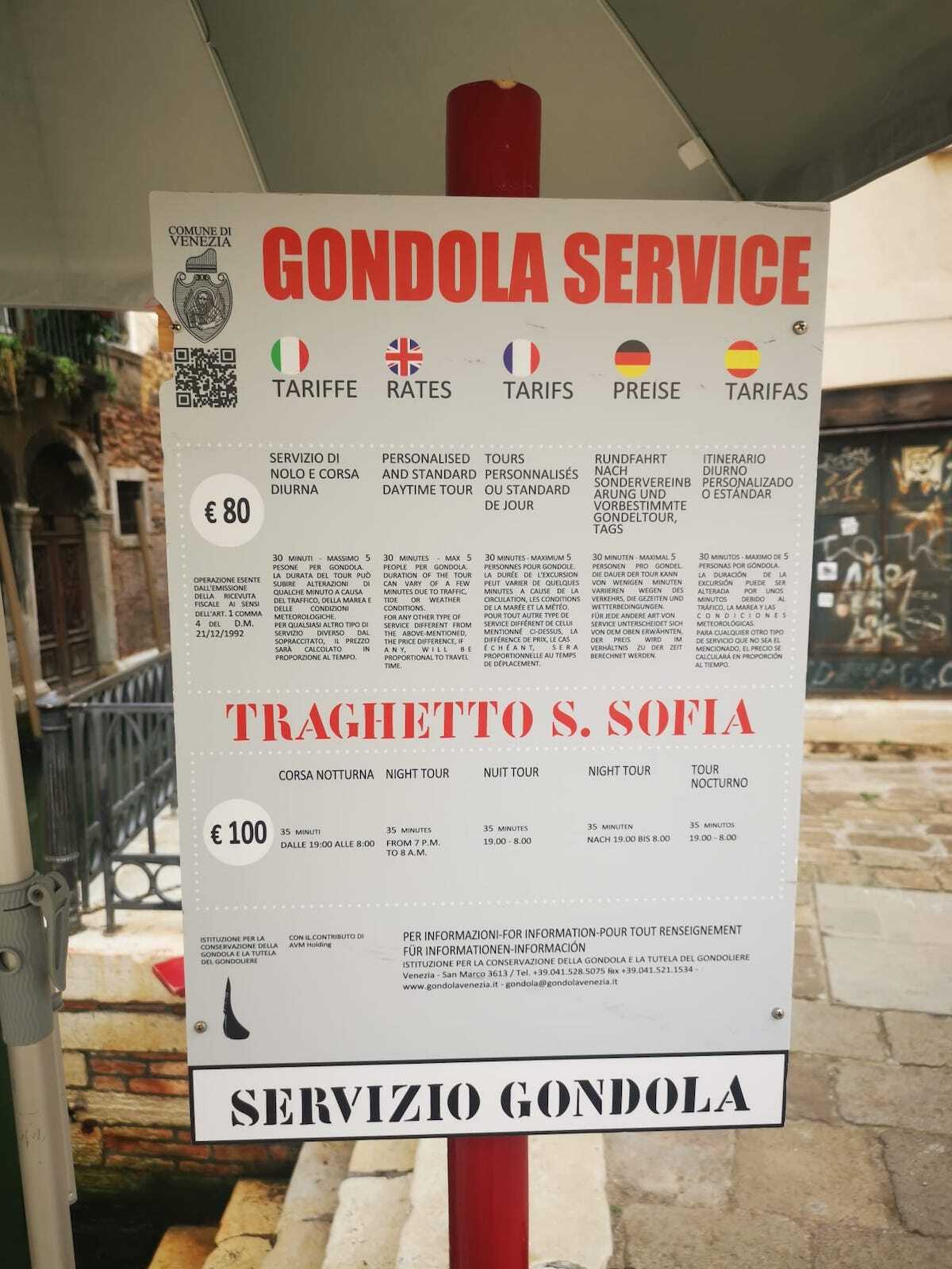 Carteles anunciando en varios idiomas el precio del paseo en góndola. (Alessandro Ruta)