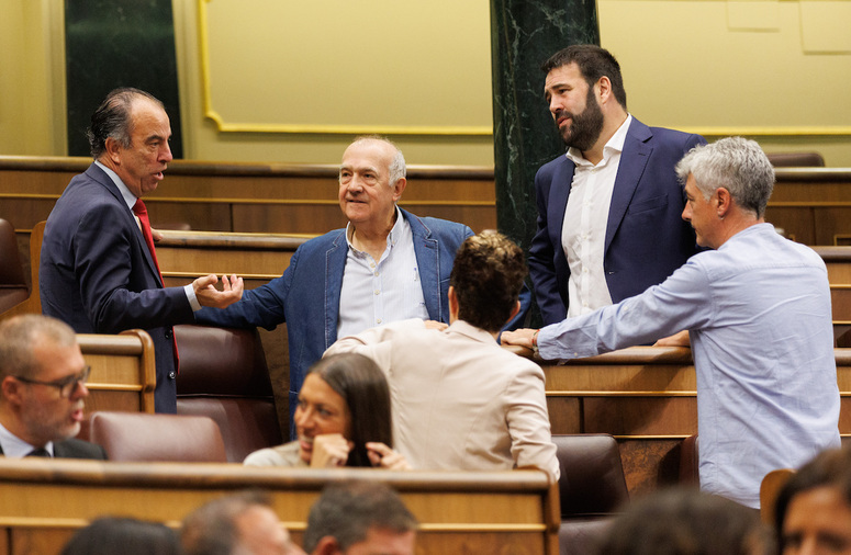 El diputado navarro del PP Carlos García Adanero y los diputados de EH Bildu Iñaki Ruiz, Jon Iñarritu y Oskar Matute, durante una sesión plenaria.