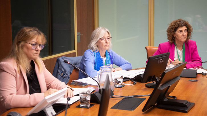 La directora general de Osalan, Lourdes Iscar, en el centro, y la viceconsejera de Trabajo y Seguridad Social, Elena Pérez Barredo, a la derecha, durante su comparecencia en la Cámara. 