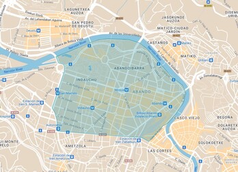 Área del centro de Bilbo que se convertirá en 2030 en Zona de Bajas Emisiones.