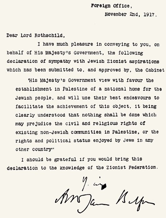 Balfour deklarazioa, 1917ko azaroaren 2an sinatuta.