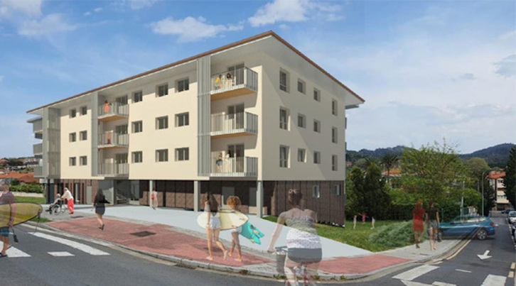 Alokairuko etxebizitzen eraikinaren zirriborroa, irudian.