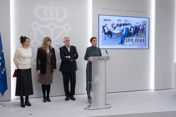 María Chivite ha comparecido hoy en Iruñea junto a sus tres vicepresidentes para valorar los primeros cien días de su segundo gobierno.