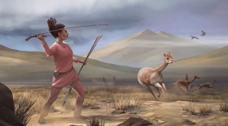Ilustración de una mujer prehistórica cazando. 