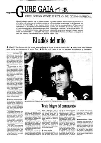 Imagen que recogía el diario ‘Egin’ el 3 de enero de 1997, tras el anuncio de la retirada de Indurain.