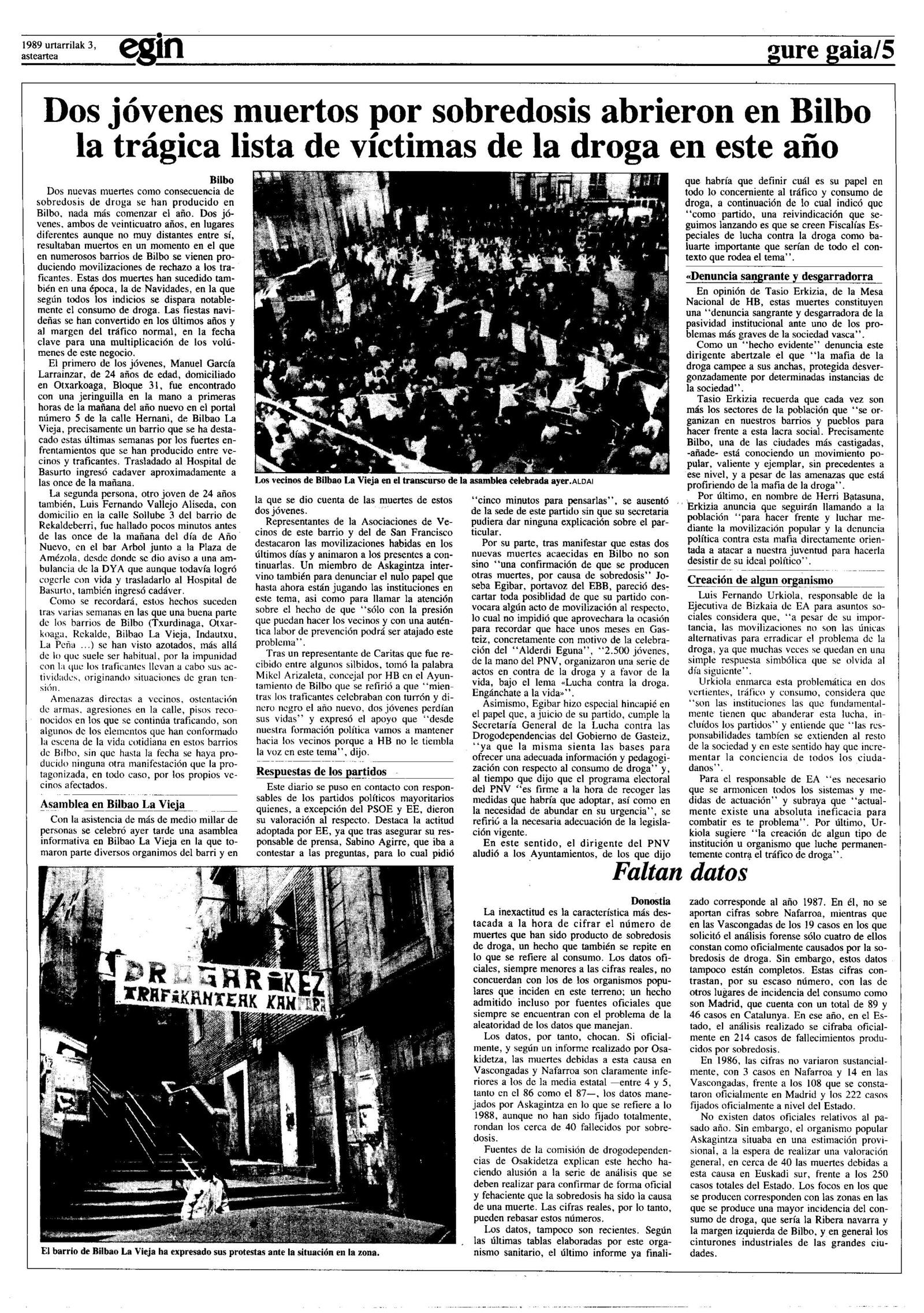 1989an, heroinagatik Bilbon hildako bi gazteen inguruko kronika, &lsquo;Egin&rsquo;en.