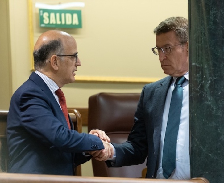 El diputado de UPN Alberto Catalán estrecha la mano del presidente del PP, Alberto Núñez Feijóo, hoy en el Congreso de los Diputados.