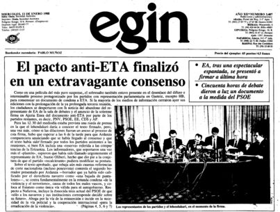 Ajuria Eneako itunaren sinadura nabarmendu zuen EGINek 1988ko urtarrilaren 13ko azalean. 