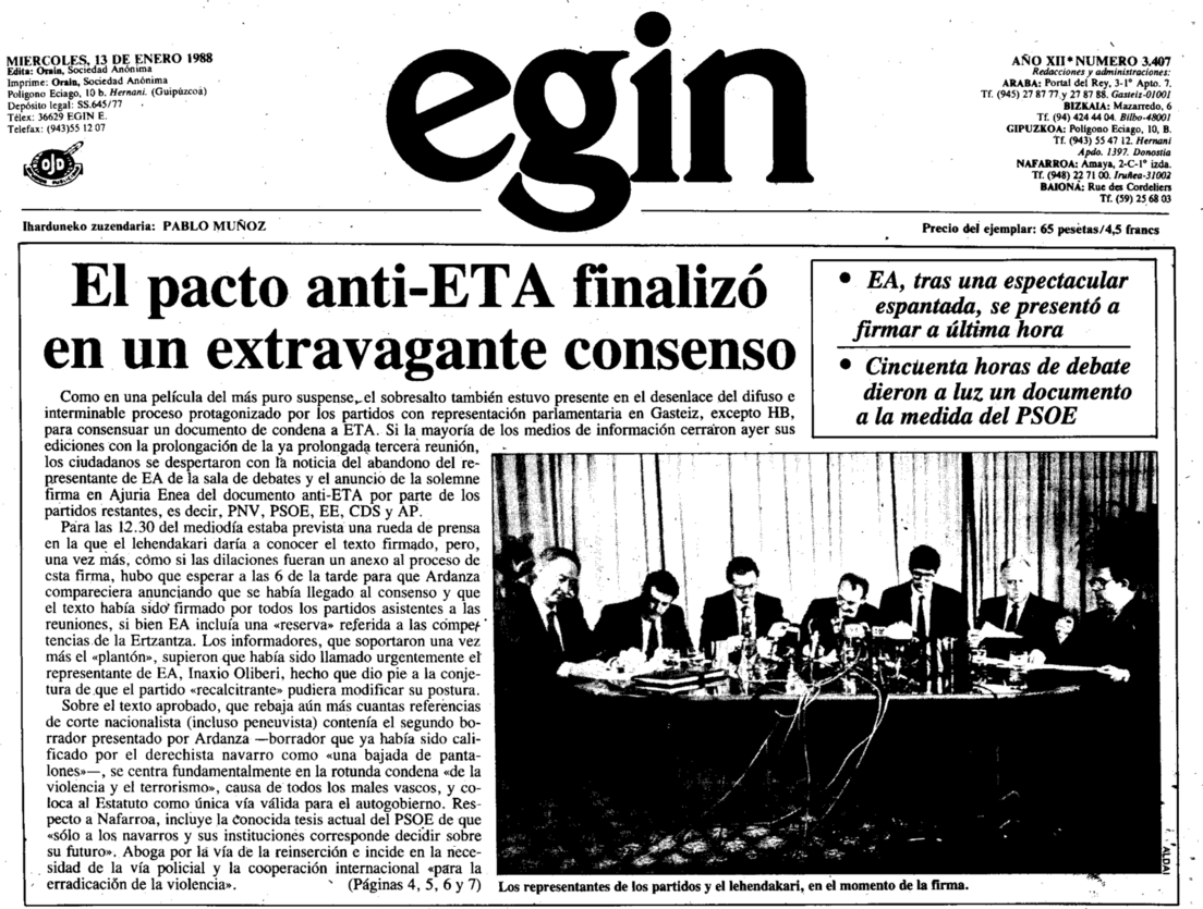 Ajuria Eneko itunaren sinadura nabarmendu zuen 'Egin'ek 1988ko urtarrilaren 13ko azalean. 