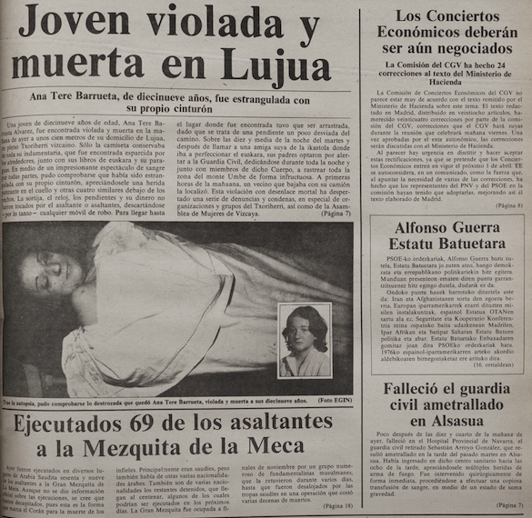 Ana Tere Barrueta bortxatu eta hil zuteneko albistea ‘Eginen’. Ana Tere Barrueta bortxatu eta hil zuteneko albistea ‘Eginen’.