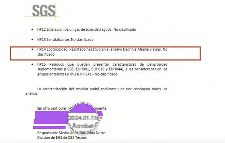 En la imagen superior se puede ver que el análisis con el que GHK pretende desmentir toxicidades de 2022 y 2023 tiene fecha del 15 de enero de 2024. Al lado, el contrato con Ecofert por 200 toneladas, cuando luego enviaron 5.563 toneladas.