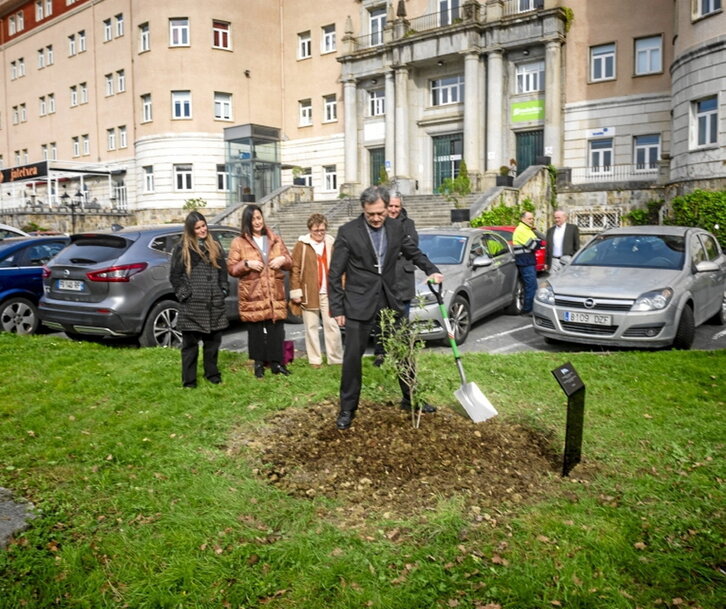 El obispo Joseba Segura plantando el olivo.