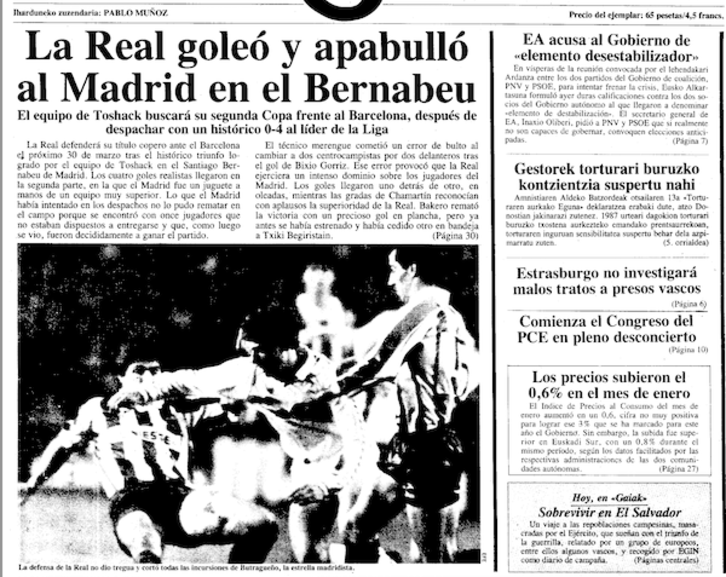 Portada de 'Egin' con el histórico resultado de la Real en el Bernabéu.