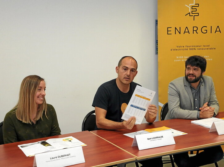 Iban Lizarralde, en el centro, escoltado por Laura Dubernet (Márketing) y el cesado Patxi Bergara.